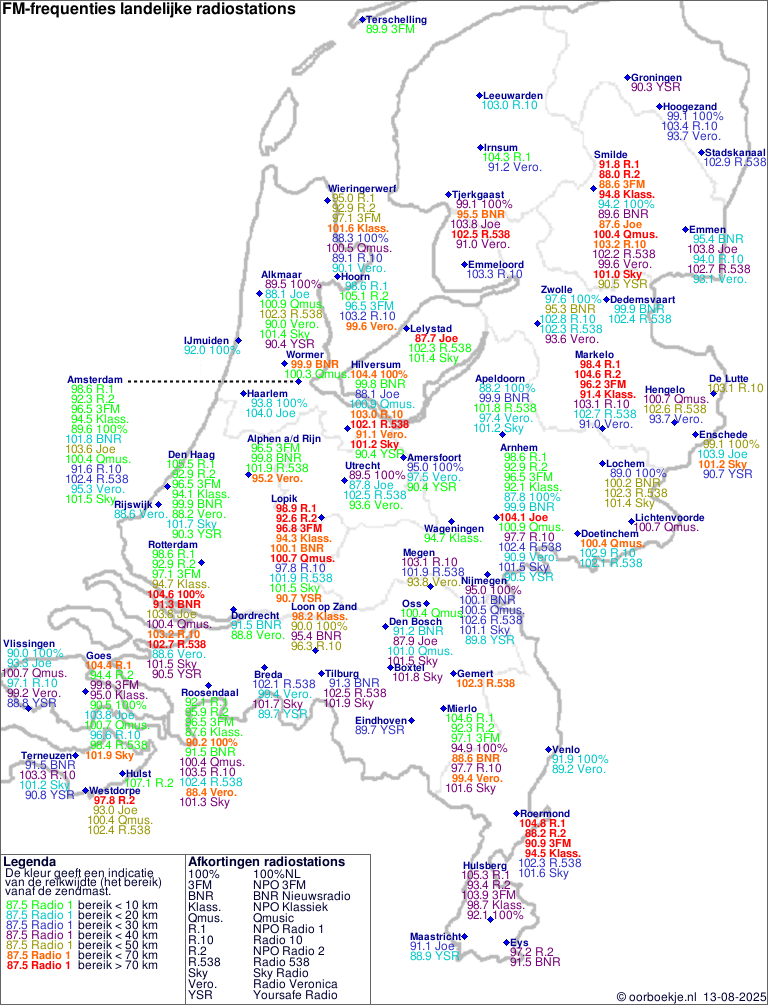 Kaart met alle FM-frequenties van landelijke radiostations