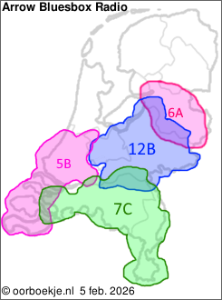 in Overijssel op kanaal 6A
in Utrecht en Gelderland op kanaal 12B
in Noord-Brabant en Limburg op kanaal 7C
in Zuid-Holland en Zeeland op kanaal 5B 