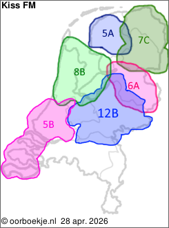 in Friesland op kanaal 5A
in Groningen en Drenthe op kanaal 7C
in Overijssel op kanaal 6A
in Utrecht en Gelderland op kanaal 12B
in Noord-Holland en Flevoland op kanaal 8B
in Zuid-Holland en Zeeland op kanaal 5B 