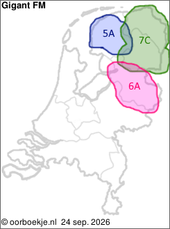 in Friesland op kanaal 5A
in Groningen en Drenthe op kanaal 7C
in Overijssel op kanaal 6A